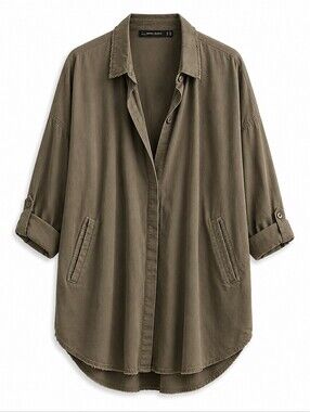 Zara Basic Olive Green Denim Shirt With Graffiti Size LG